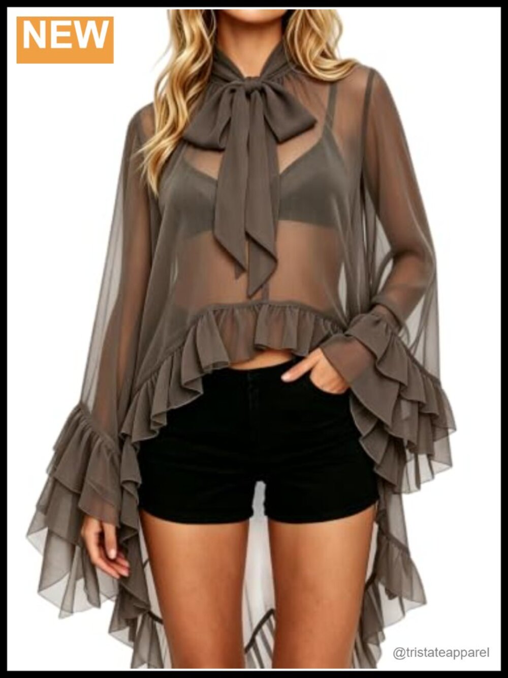 Womens Long Bell Sleeve Sheer Mesh Blouse Frill Trim Flowy Top
